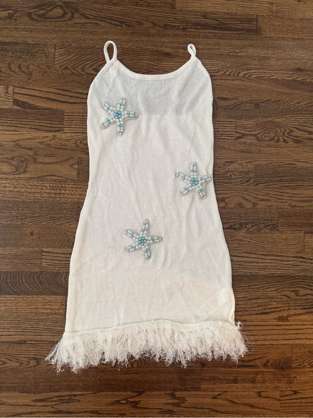 Sleeveless White Beaded Starfish Fringe Mini Dress